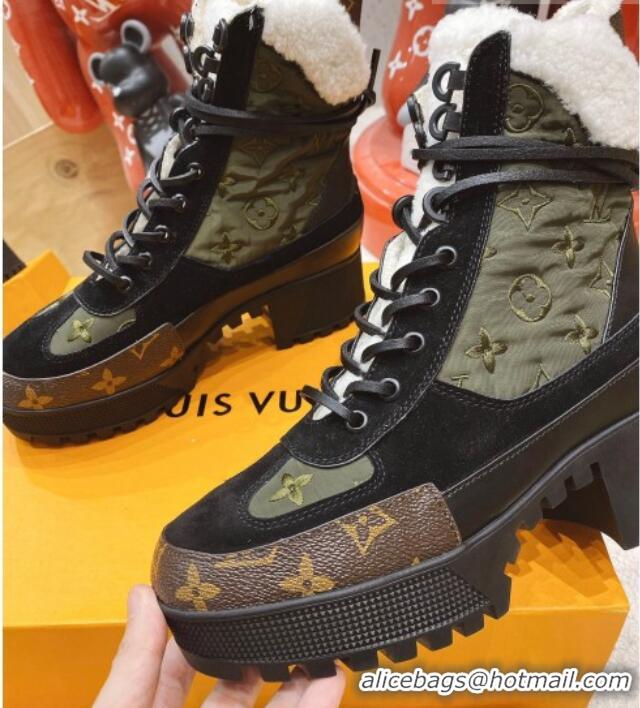 Luxury Louis Vuitton Laureate Platform Desert Embroidered Nylon and Shearling Ankle Boots Green 1117114