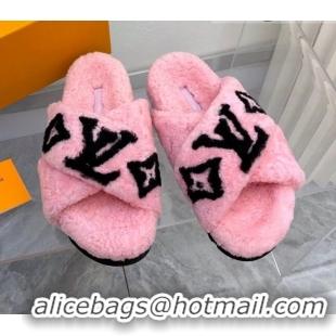 Best Grade Louis Vuitton Cross Strap Shearling Slide Sandals 117120 Pink