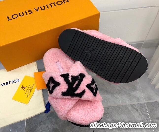 Best Grade Louis Vuitton Cross Strap Shearling Slide Sandals 117120 Pink