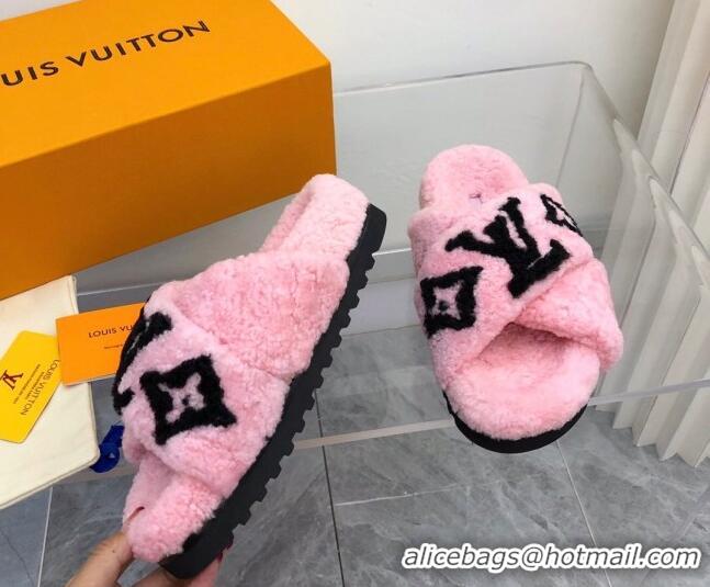 Best Grade Louis Vuitton Cross Strap Shearling Slide Sandals 117120 Pink