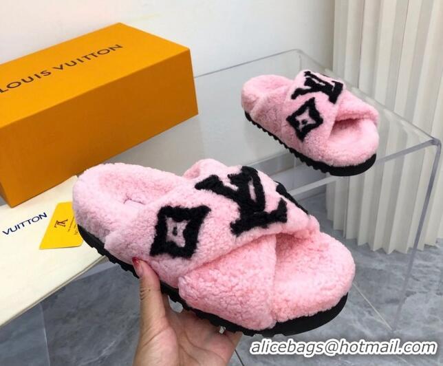 Best Grade Louis Vuitton Cross Strap Shearling Slide Sandals 117120 Pink