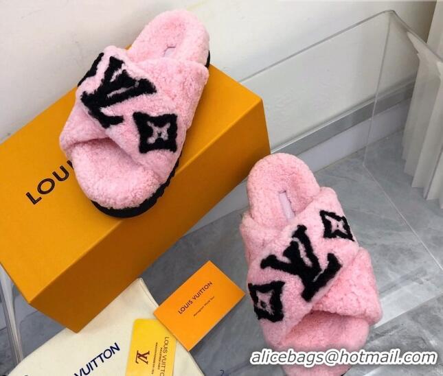 Best Grade Louis Vuitton Cross Strap Shearling Slide Sandals 117120 Pink