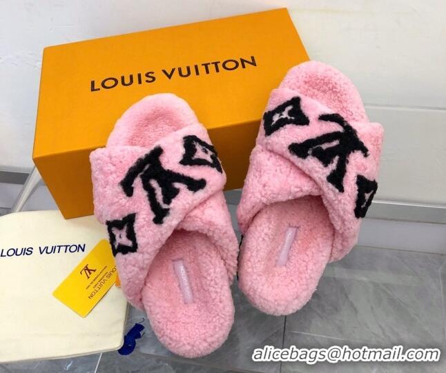 Best Grade Louis Vuitton Cross Strap Shearling Slide Sandals 117120 Pink