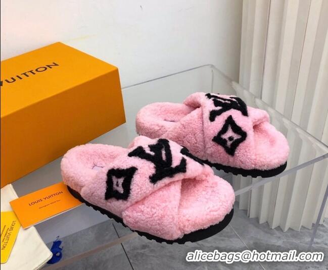 Best Grade Louis Vuitton Cross Strap Shearling Slide Sandals 117120 Pink