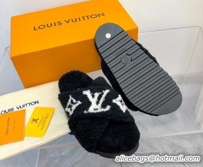 Sumptuous Louis Vuitton Cross Strap Shearling Slide Sandals 117120 Black