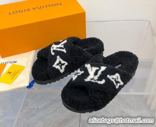 Sumptuous Louis Vuitton Cross Strap Shearling Slide Sandals 117120 Black