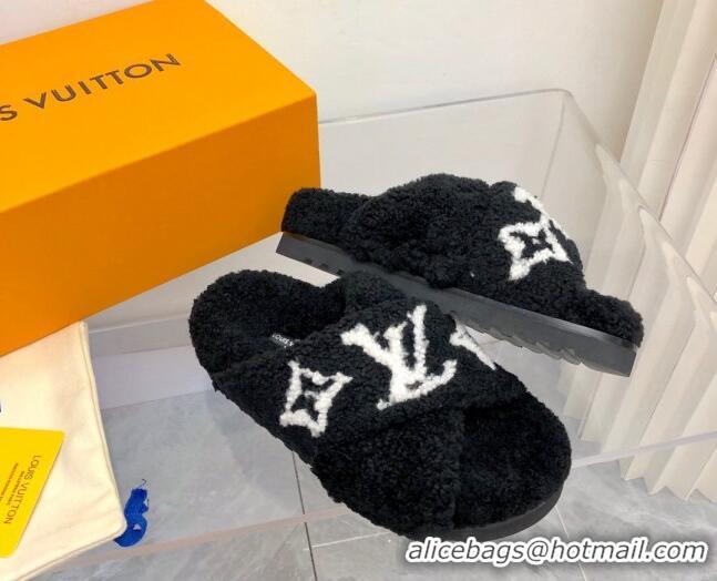 Sumptuous Louis Vuitton Cross Strap Shearling Slide Sandals 117120 Black