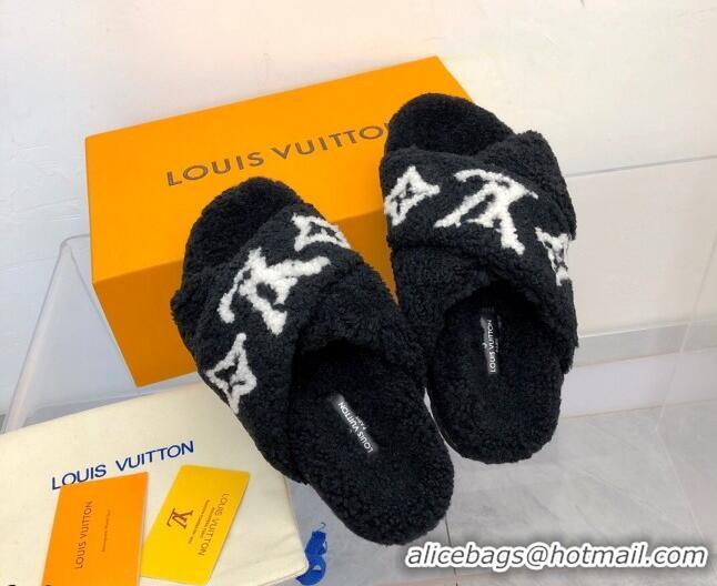 Sumptuous Louis Vuitton Cross Strap Shearling Slide Sandals 117120 Black