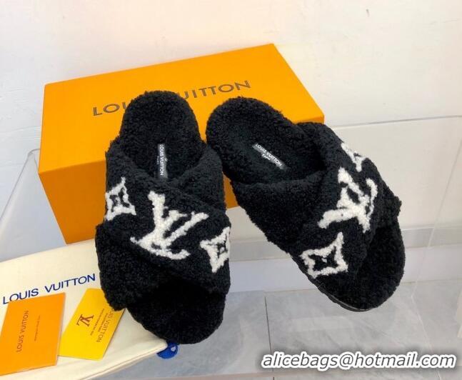 Sumptuous Louis Vuitton Cross Strap Shearling Slide Sandals 117120 Black