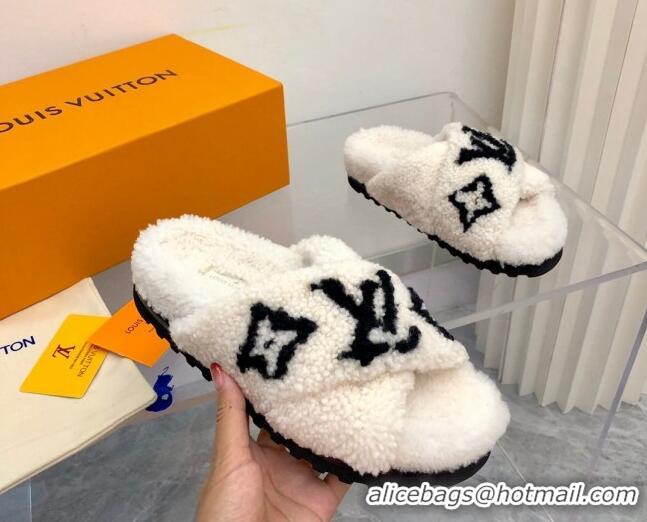 Low Price Louis Vuitton Cross Strap Shearling Slide Sandals 117120 White