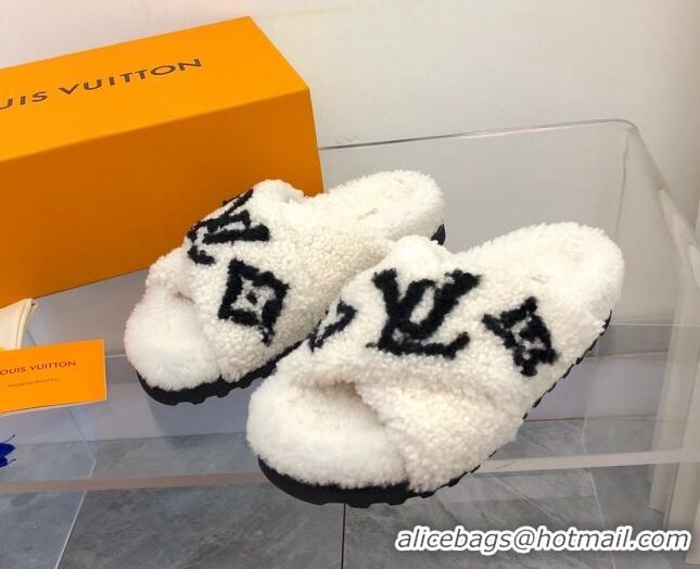 Low Price Louis Vuitton Cross Strap Shearling Slide Sandals 117120 White