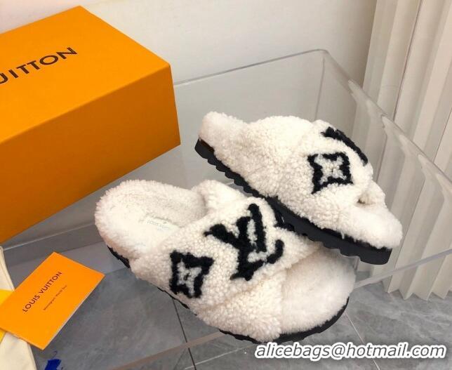 Low Price Louis Vuitton Cross Strap Shearling Slide Sandals 117120 White