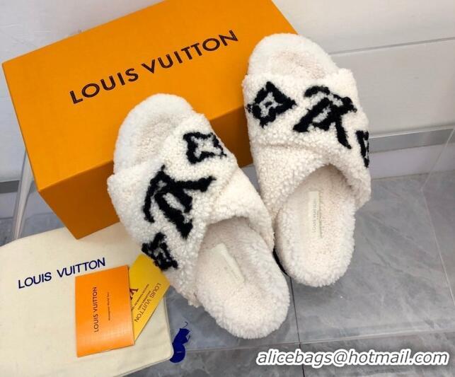 Low Price Louis Vuitton Cross Strap Shearling Slide Sandals 117120 White