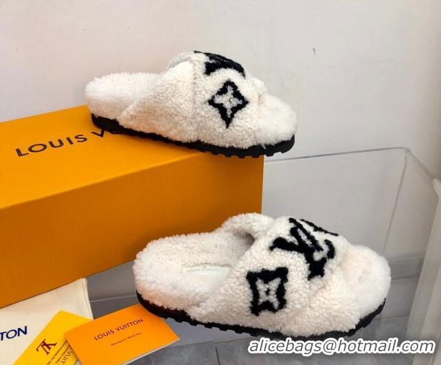 Low Price Louis Vuitton Cross Strap Shearling Slide Sandals 117120 White