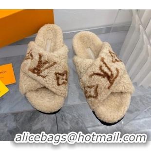 Sophisticated Louis Vuitton Cross Strap Shearling Slide Sandals 117120 Beige/Brown