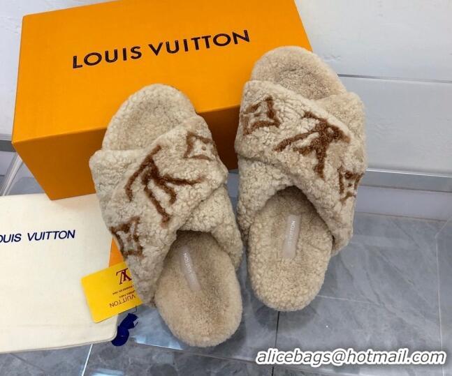 Sophisticated Louis Vuitton Cross Strap Shearling Slide Sandals 117120 Beige/Brown