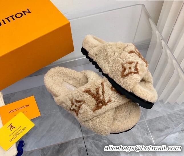 Sophisticated Louis Vuitton Cross Strap Shearling Slide Sandals 117120 Beige/Brown