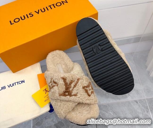 Sophisticated Louis Vuitton Cross Strap Shearling Slide Sandals 117120 Beige/Brown