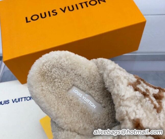 Sophisticated Louis Vuitton Cross Strap Shearling Slide Sandals 117120 Beige/Brown