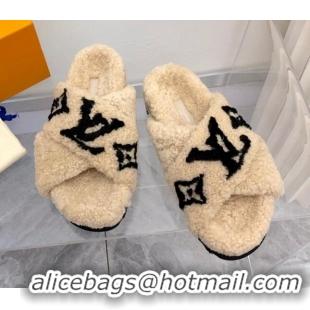 Grade Quality Louis Vuitton Cross Strap Shearling Slide Sandals 117120 Beige/Black