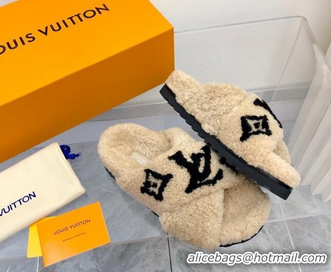 Grade Quality Louis Vuitton Cross Strap Shearling Slide Sandals 117120 Beige/Black