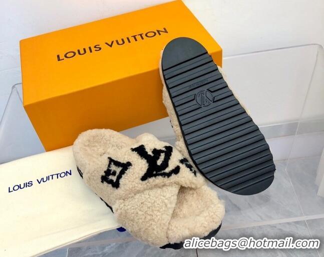 Grade Quality Louis Vuitton Cross Strap Shearling Slide Sandals 117120 Beige/Black