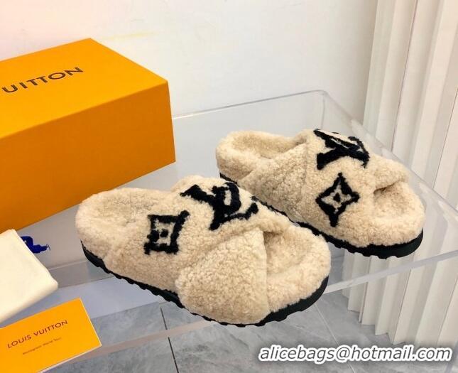 Grade Quality Louis Vuitton Cross Strap Shearling Slide Sandals 117120 Beige/Black