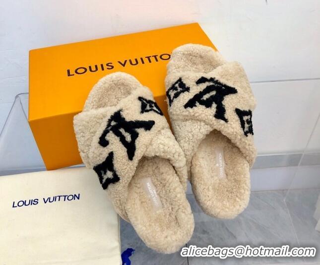 Grade Quality Louis Vuitton Cross Strap Shearling Slide Sandals 117120 Beige/Black