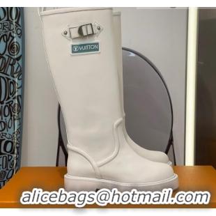 Top Design Louis Vuitton Territory Flat Leather High Boots with Buckle 117128 White