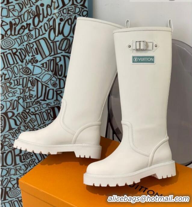 Top Design Louis Vuitton Territory Flat Leather High Boots with Buckle 117128 White