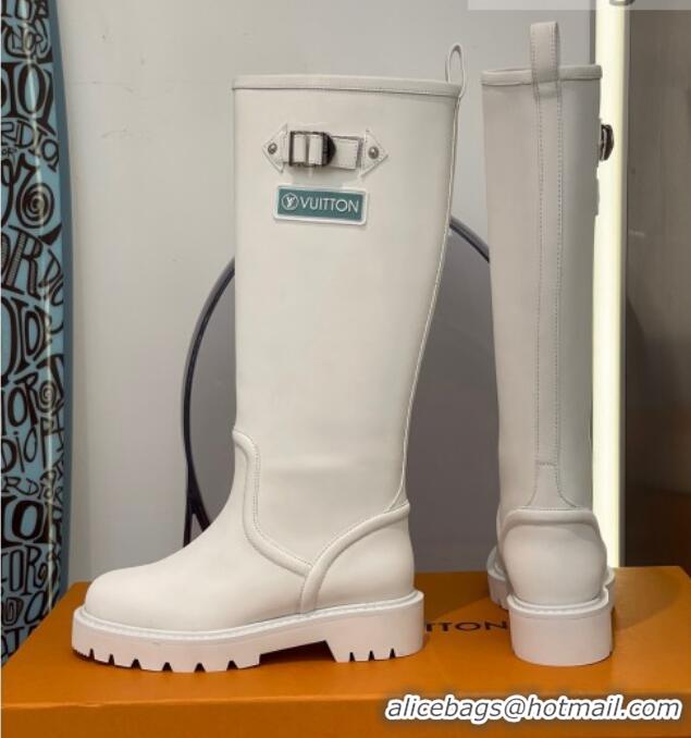 Top Design Louis Vuitton Territory Flat Leather High Boots with Buckle 117128 White