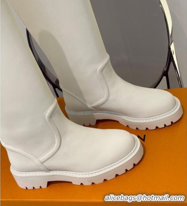 Top Design Louis Vuitton Territory Flat Leather High Boots with Buckle 117128 White