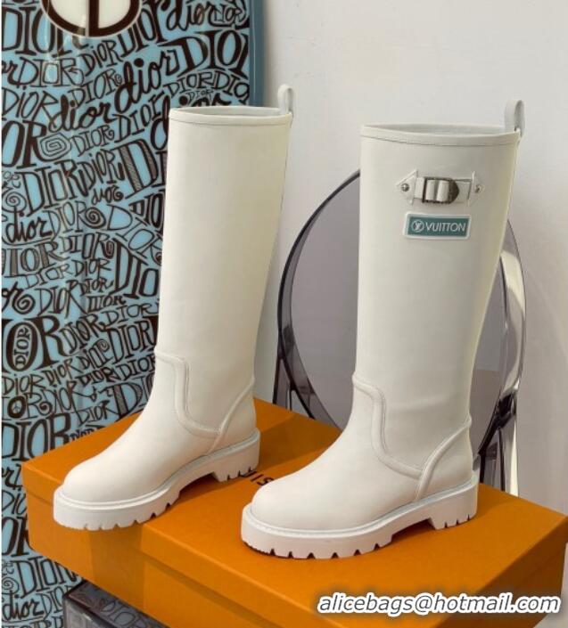 Top Design Louis Vuitton Territory Flat Leather High Boots with Buckle 117128 White