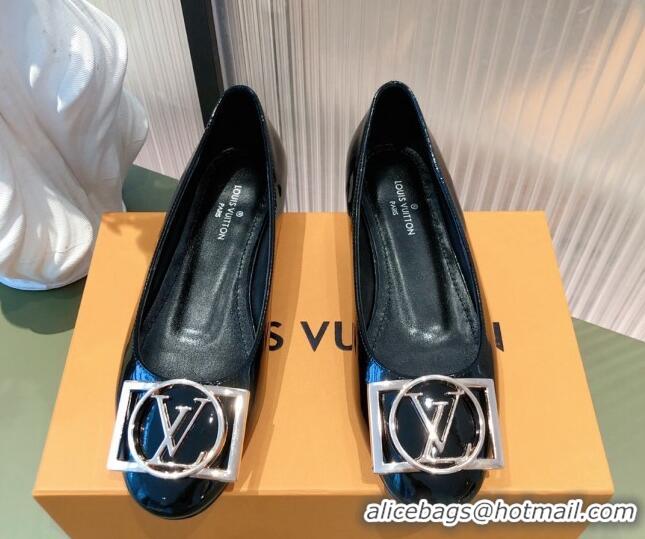 Low Cost Louis Vuitton Patent Leather LV Buckle Flat Ballerinas Black 112471