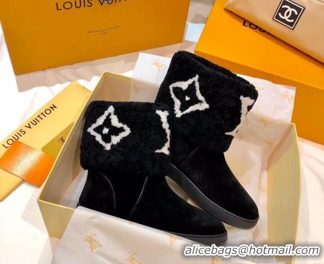 Top Quality Louis Vuitton Snowdrop Shearling and Suede Flat Ankle Boots 120440 Black 