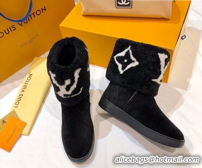 Top Quality Louis Vuitton Snowdrop Shearling and Suede Flat Ankle Boots 120440 Black 