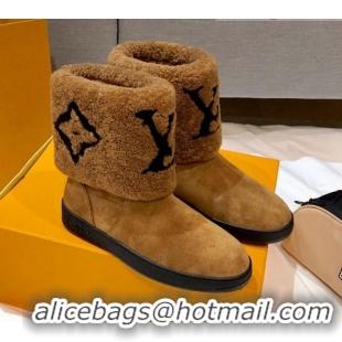 New Style Louis Vuitton Snowdrop Shearling and Suede Flat Ankle Boots 120440 Cognac Brown