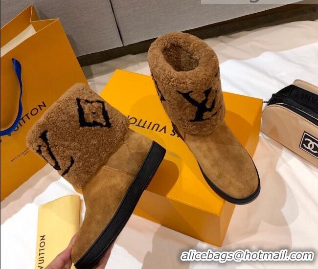 New Style Louis Vuitton Snowdrop Shearling and Suede Flat Ankle Boots 120440 Cognac Brown