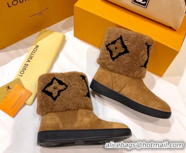 New Style Louis Vuitton Snowdrop Shearling and Suede Flat Ankle Boots 120440 Cognac Brown