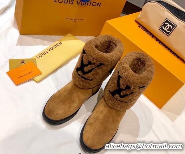 New Style Louis Vuitton Snowdrop Shearling and Suede Flat Ankle Boots 120440 Cognac Brown