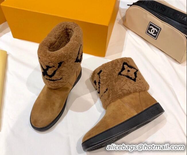 New Style Louis Vuitton Snowdrop Shearling and Suede Flat Ankle Boots 120440 Cognac Brown