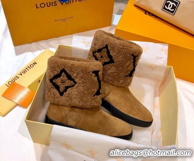 New Style Louis Vuitton Snowdrop Shearling and Suede Flat Ankle Boots 120440 Cognac Brown