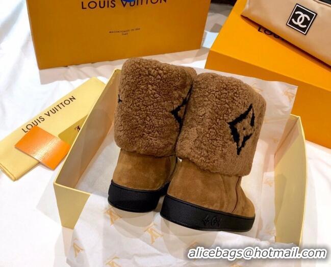 New Style Louis Vuitton Snowdrop Shearling and Suede Flat Ankle Boots 120440 Cognac Brown