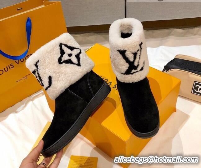 New Arrivals Louis Vuitton Snowdrop Shearling and Suede Flat Ankle Boots 120440 Black/White