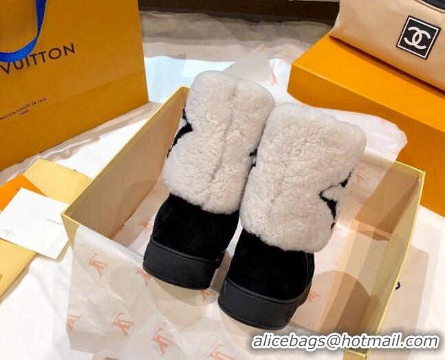 New Arrivals Louis Vuitton Snowdrop Shearling and Suede Flat Ankle Boots 120440 Black/White