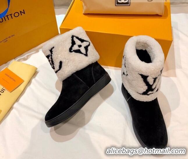 New Arrivals Louis Vuitton Snowdrop Shearling and Suede Flat Ankle Boots 120440 Black/White