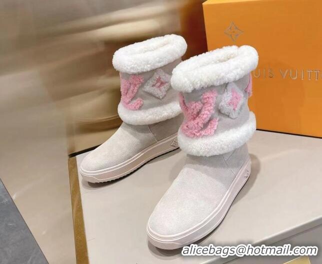 Best Quality Louis Vuitton Snowdrop Shearling and Suede Flat Ankle Boots 120443 Light Grey