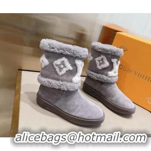 Luxury Classic Louis Vuitton Snowdrop Shearling and Suede Flat Ankle Boots 120443 Grey