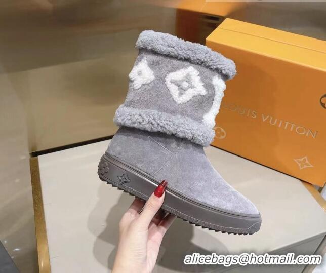 Luxury Classic Louis Vuitton Snowdrop Shearling and Suede Flat Ankle Boots 120443 Grey