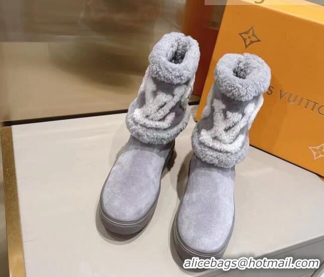 Luxury Classic Louis Vuitton Snowdrop Shearling and Suede Flat Ankle Boots 120443 Grey